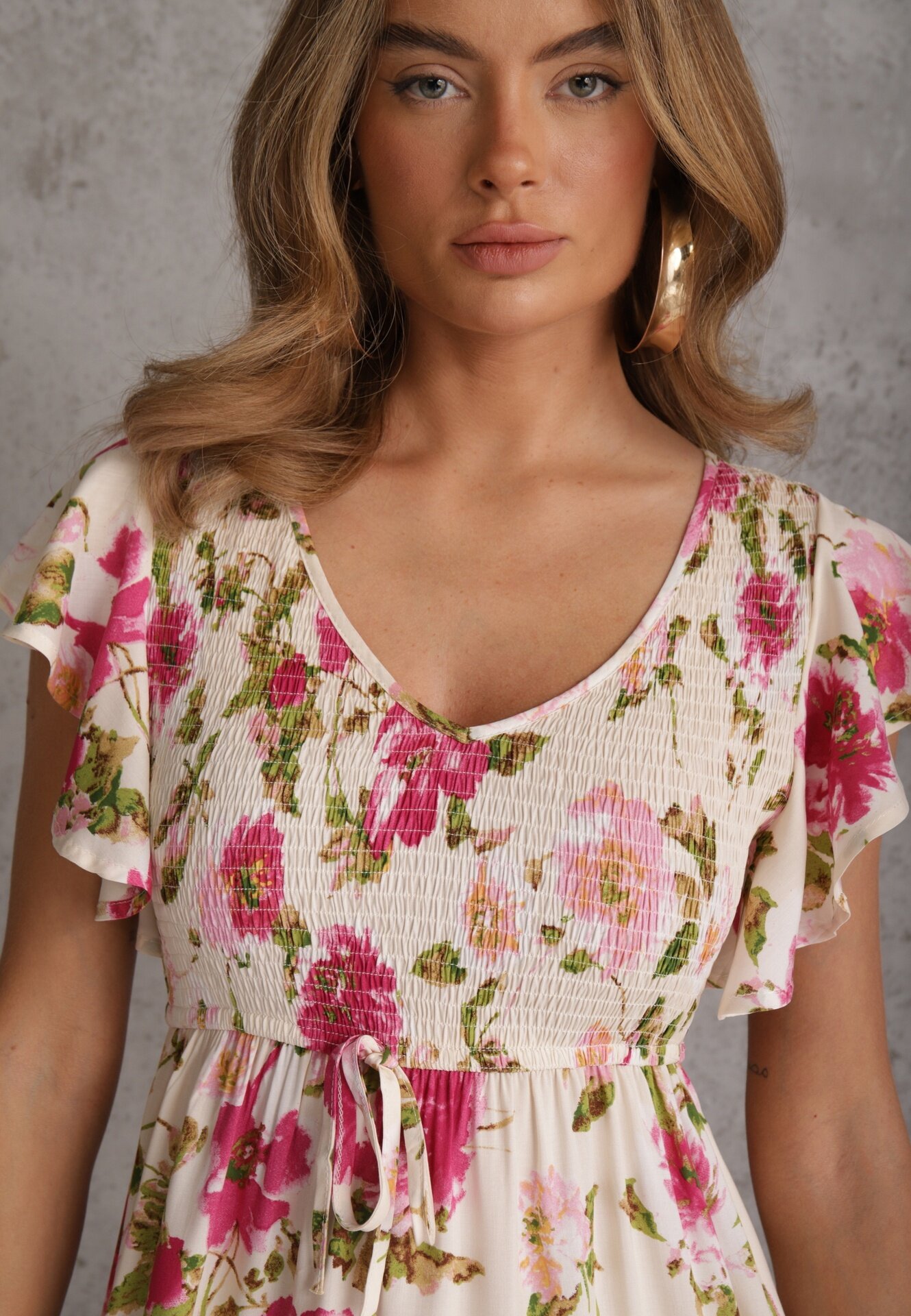 rosa Rochie Bej deschis din Viscoză cu Imprimeu Floral Evazată Maxi Veradisia