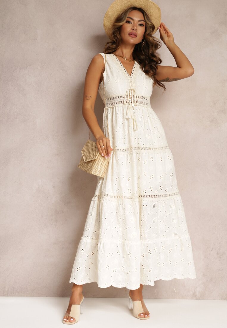 rosa Rochie Bej din Bumbac Maxi din Țesătură Brodată Jive
