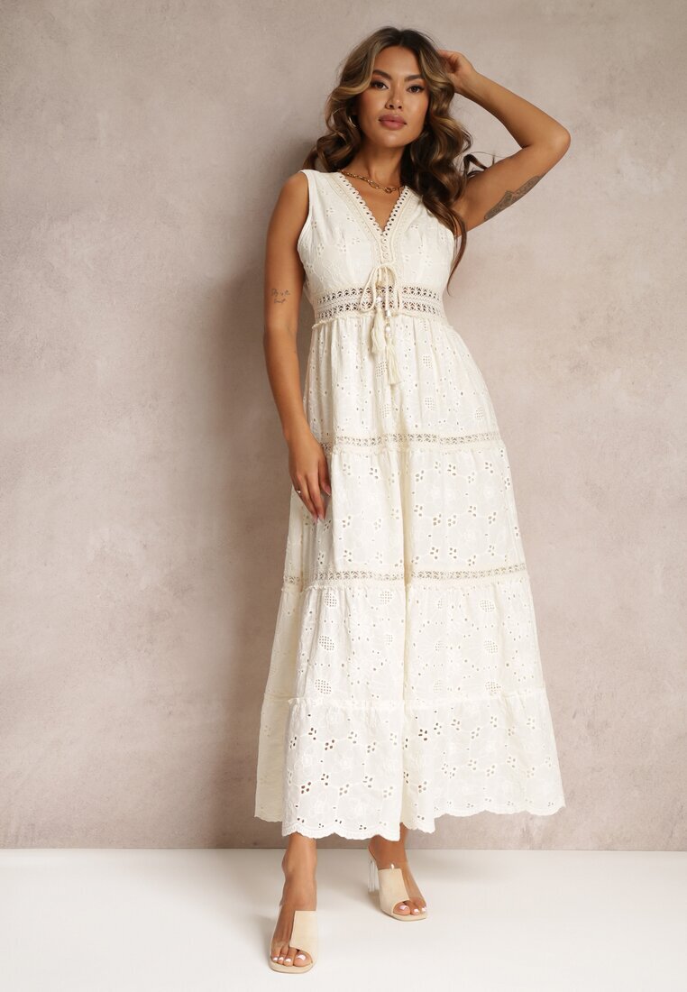rosa Rochie Bej din Bumbac Maxi din Țesătură Brodată Jive