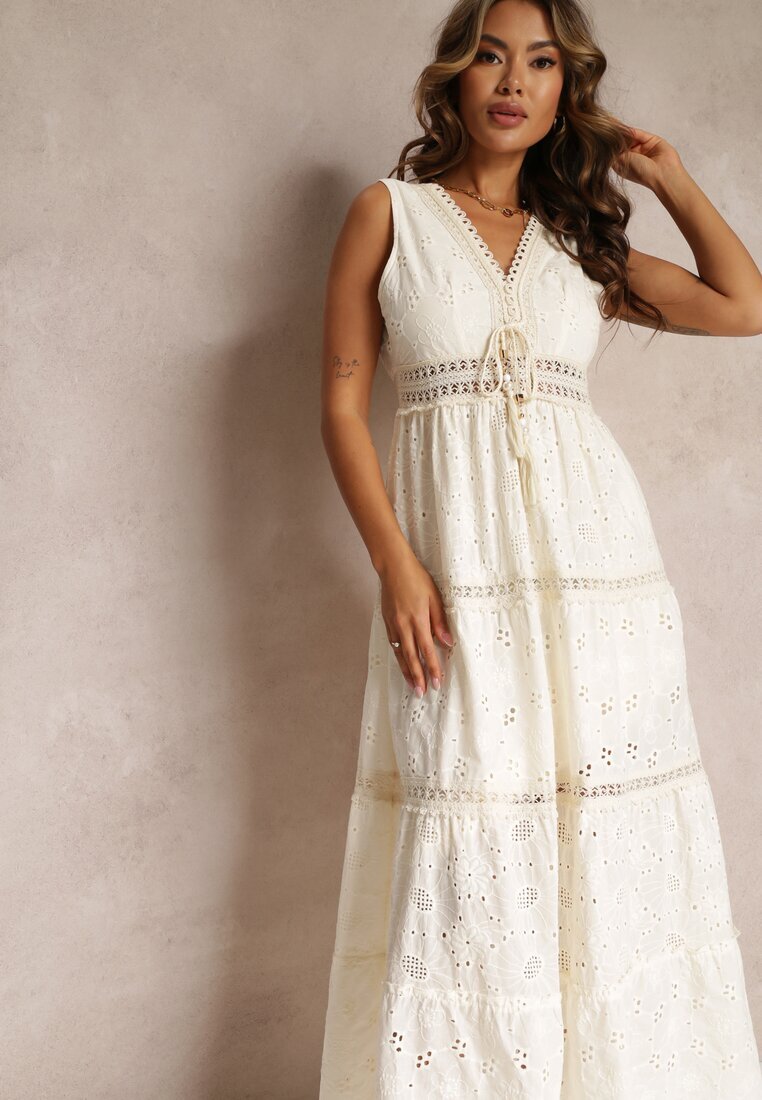 rosa Rochie Bej din Bumbac Maxi din Țesătură Brodată Jive