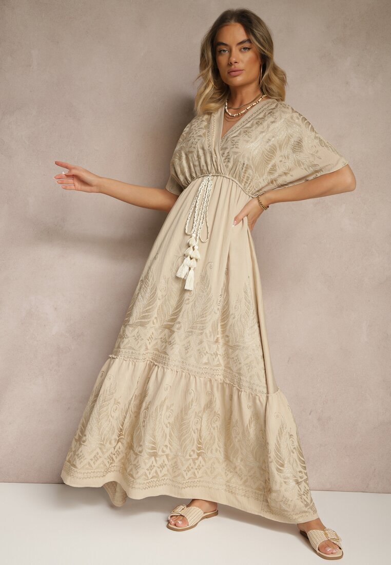 rosa Rochie Bej din vâscoză Boho cu croială petrecută cu broderie metalică Redeselle