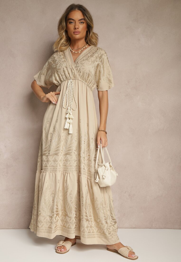rosa Rochie Bej din vâscoză Boho cu croială petrecută cu broderie metalică Redeselle