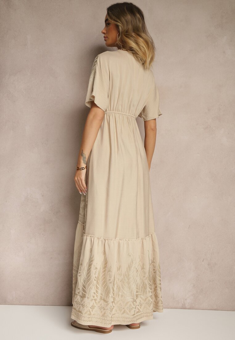 rosa Rochie Bej din vâscoză Boho cu croială petrecută cu broderie metalică Redeselle