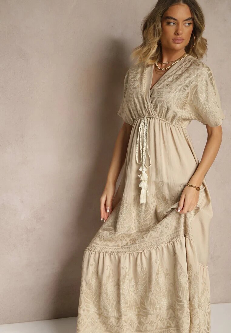rosa Rochie Bej din vâscoză Boho cu croială petrecută cu broderie metalică Redeselle