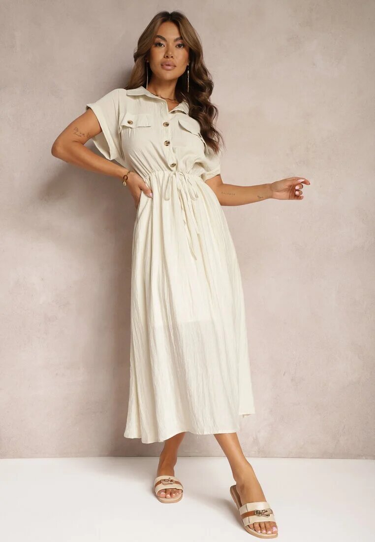 rosa Rochie Bej din Vâscoză cu Croi Evazat cu Elastic în Talie și Capse Memvia