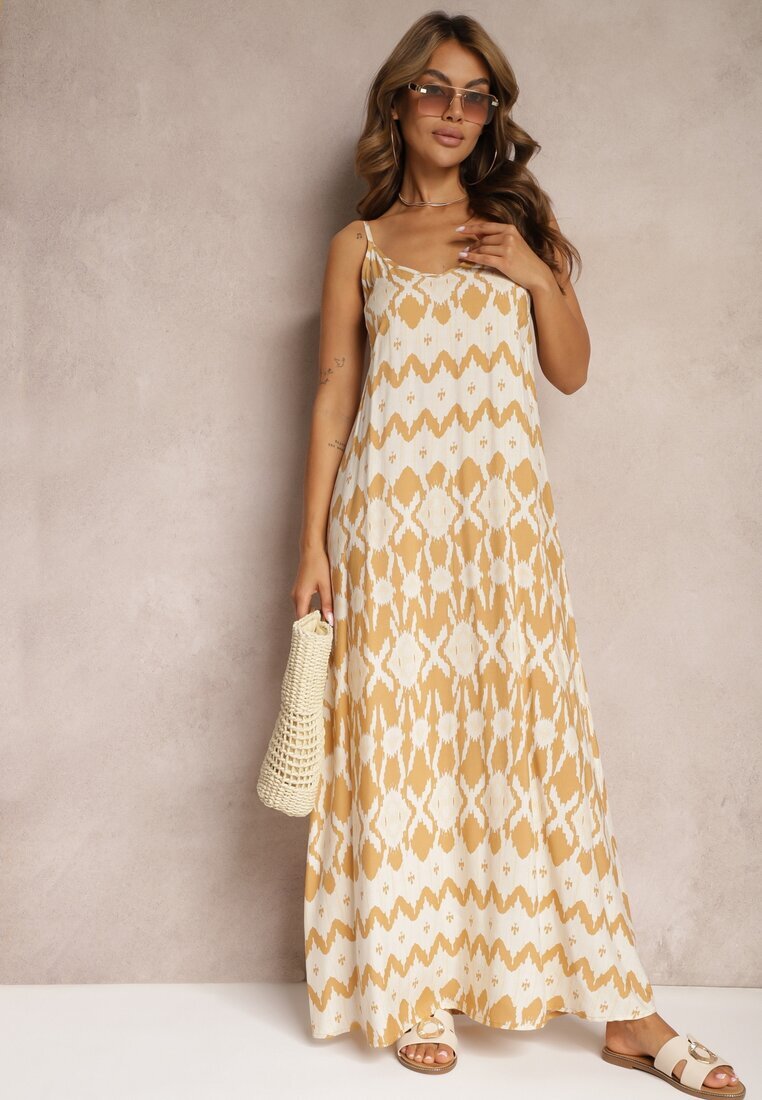 rosa Rochie Bej din Viscoză cu Bretele cu Croială Cloș și Model Geometric Xervidia