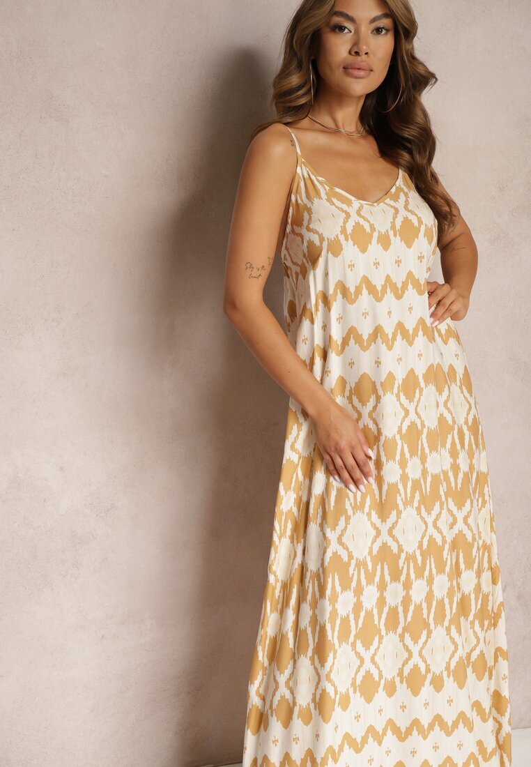rosa Rochie Bej din Viscoză cu Bretele cu Croială Cloș și Model Geometric Xervidia
