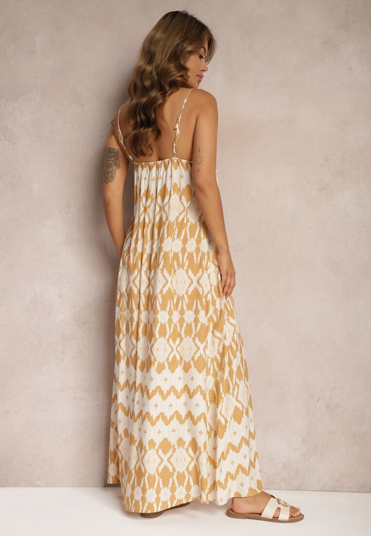 rosa Rochie Bej din Viscoză cu Bretele cu Croială Cloș și Model Geometric Xervidia
