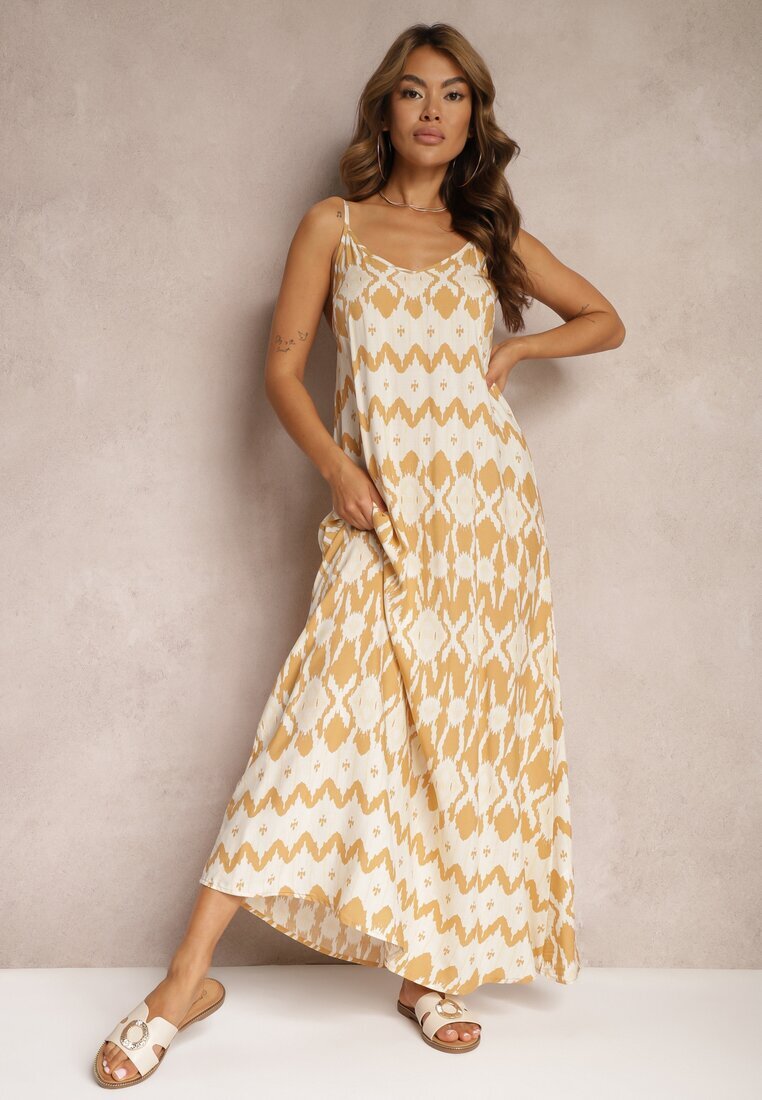 rosa Rochie Bej din Viscoză cu Bretele cu Croială Cloș și Model Geometric Xervidia
