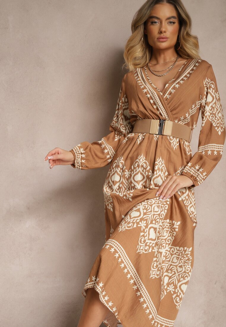 rosa Rochie Bej Imprimată din Viscoză Croială petrecută cu Curea și elastic în talie Sagilaine