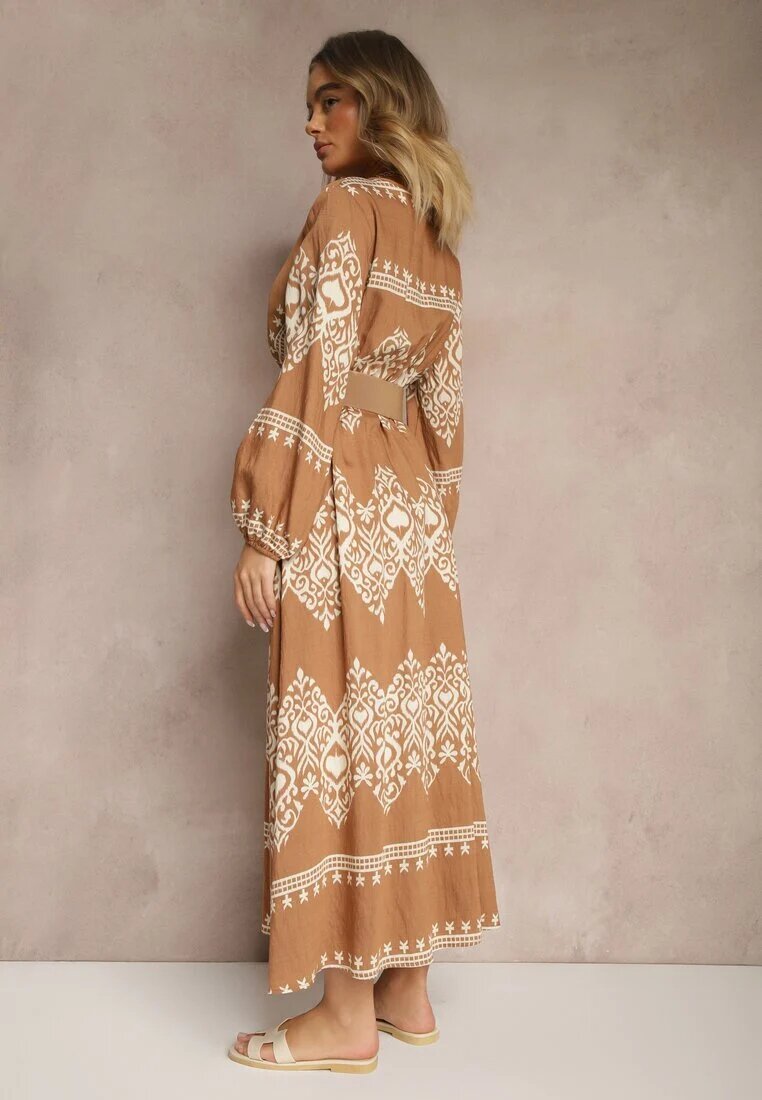 rosa Rochie Bej Imprimată din Viscoză Croială petrecută cu Curea și elastic în talie Sagilaine