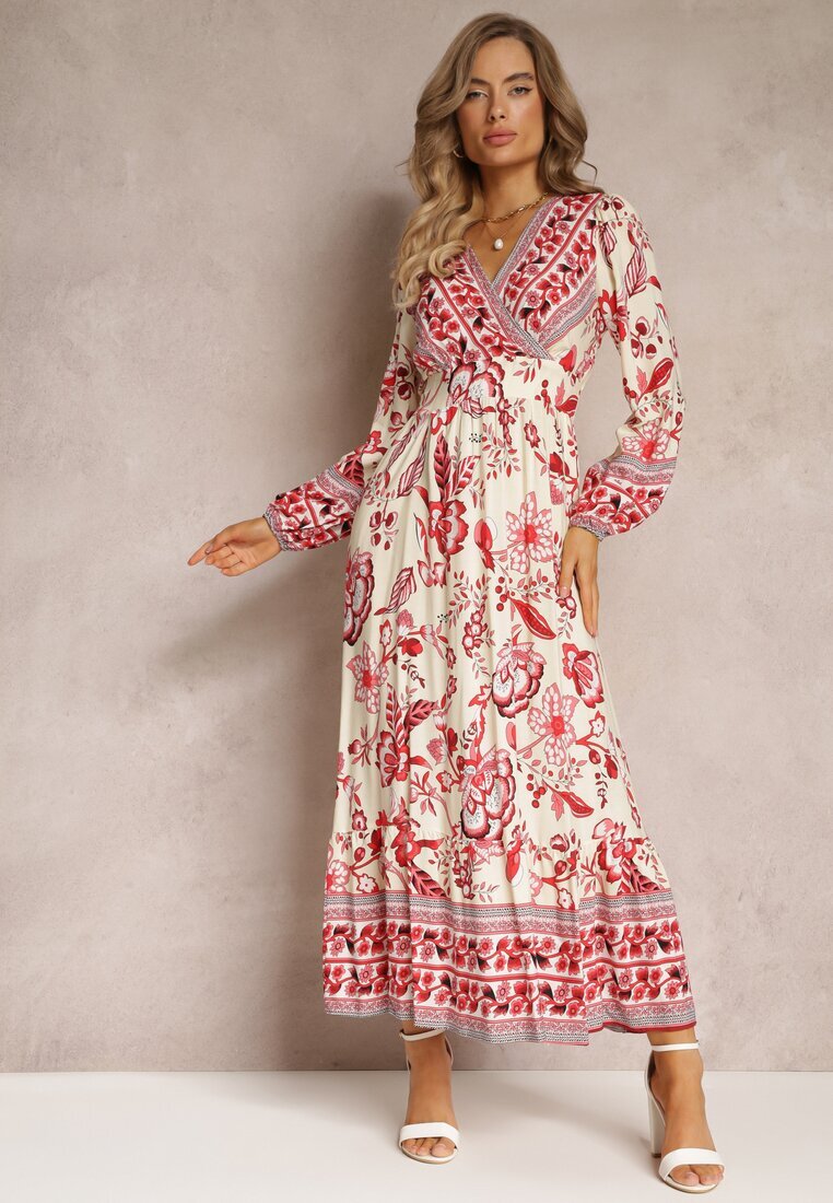 rosa Rochie Bej-Roșie Maxi cu Decolteu Petrecut și Elastic în Talie Nerene
