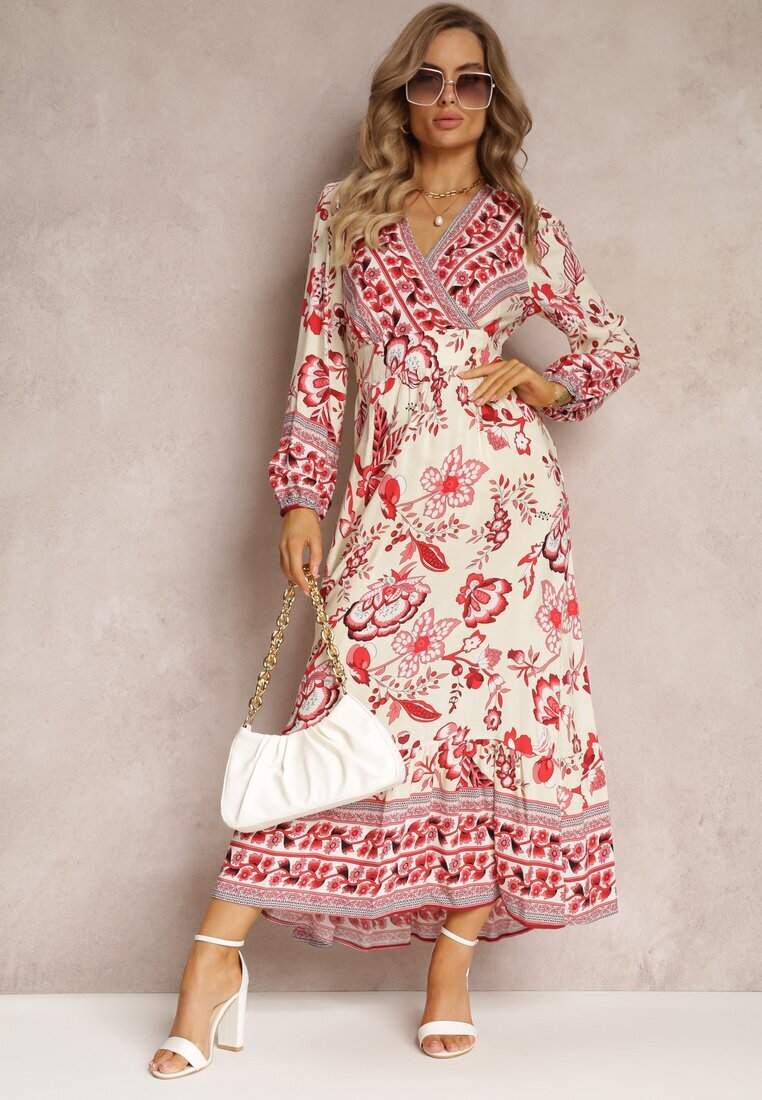 rosa Rochie Bej-Roșie Maxi cu Decolteu Petrecut și Elastic în Talie Nerene