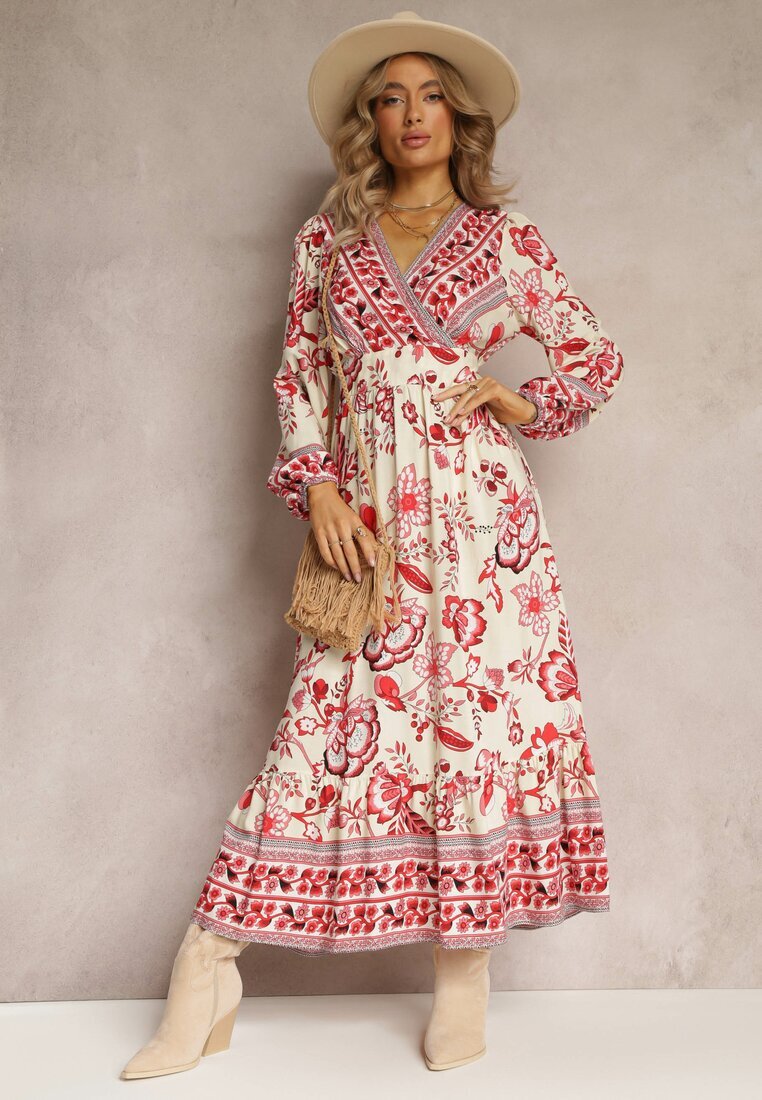 rosa Rochie Bej-Roșie Maxi cu Decolteu Petrecut și Elastic în Talie Nerene