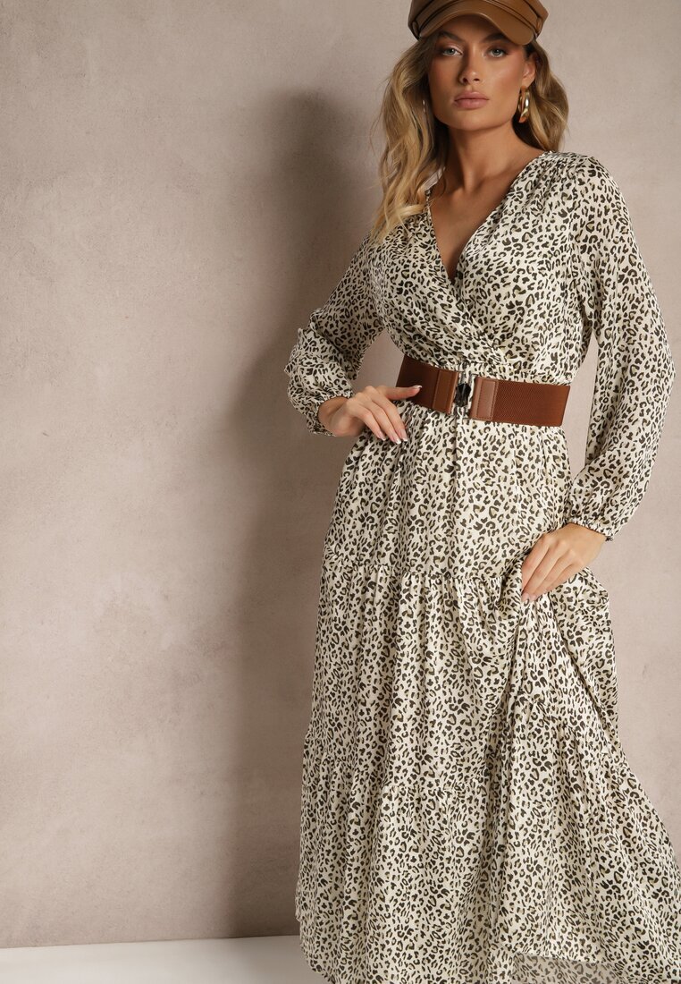 rosa Rochie Bej și Verde Petrecută cu imprimeu leopard evazată decorată cu centură cu cataramă Rinalia