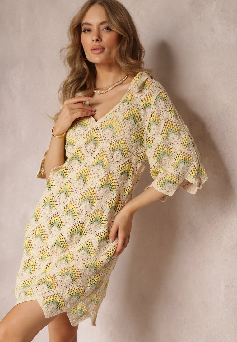 rosa Rochie bej-verde croșetată cu decolteu adânc și mânecă scurtă din bumbac Achla