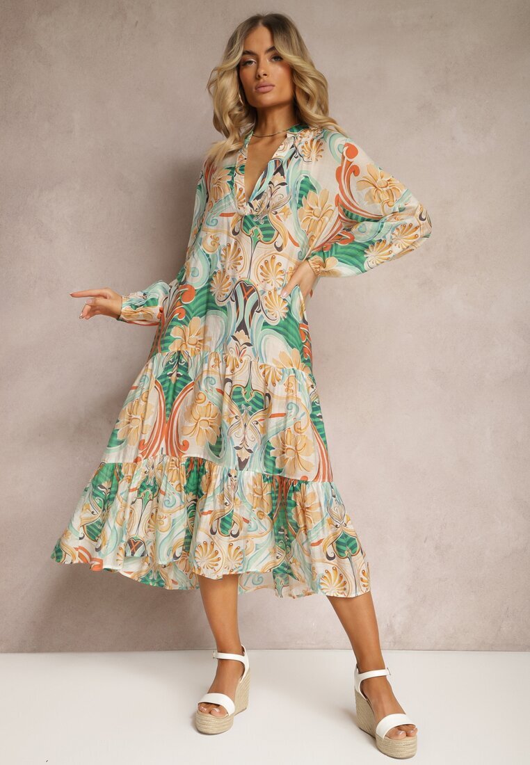 rosa Rochie Bej-Verde cu croială evazată cu mânecă lungă și volan Dollati