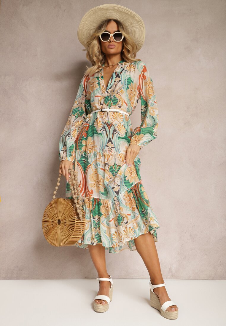rosa Rochie Bej-Verde cu croială evazată cu mânecă lungă și volan Dollati