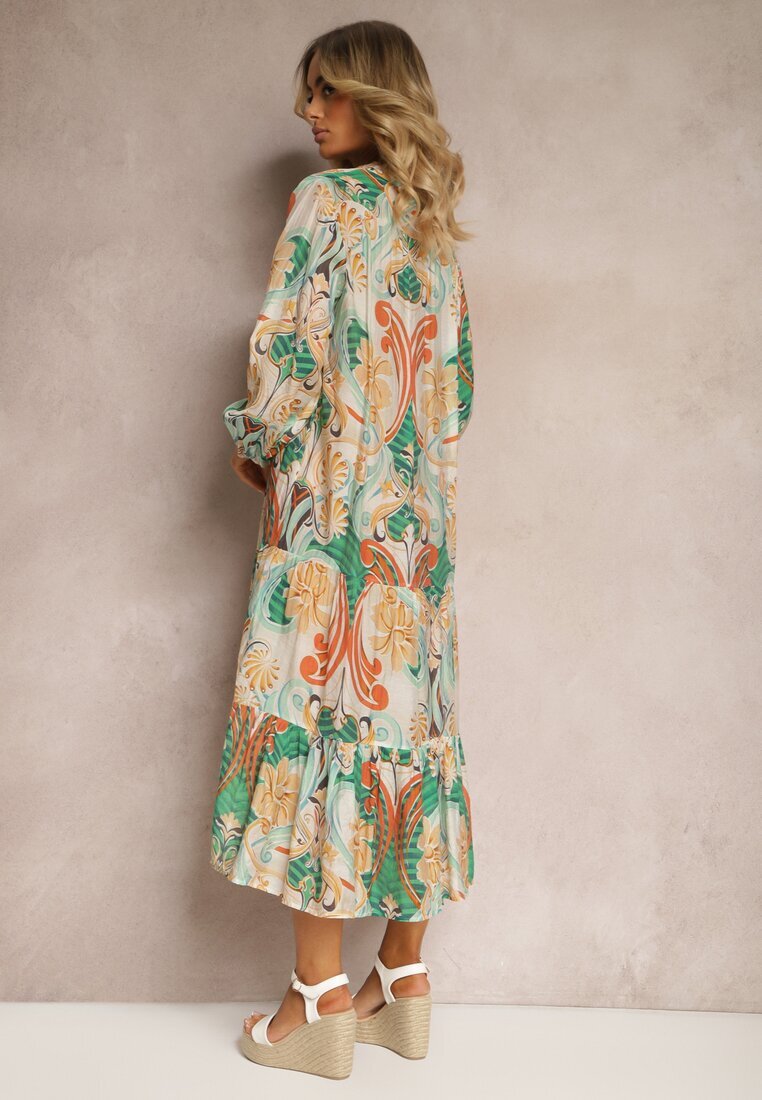 rosa Rochie Bej-Verde cu croială evazată cu mânecă lungă și volan Dollati