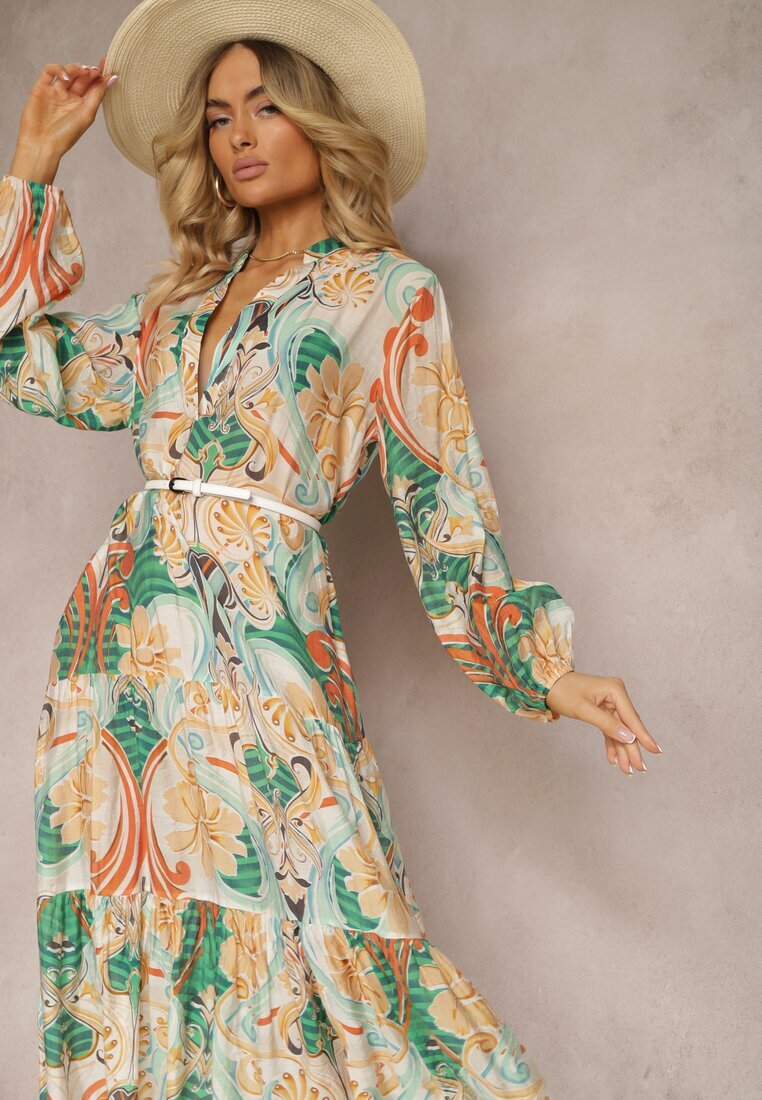 rosa Rochie Bej-Verde cu croială evazată cu mânecă lungă și volan Dollati
