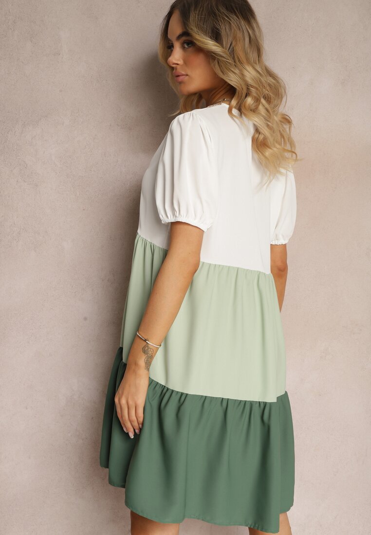 rosa Rochie Bej-Verde Decorată cu Dantelă la Decolteu Cu Croială Dreaptă Vikia