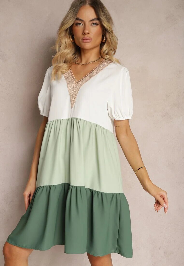 rosa Rochie Bej-Verde Decorată cu Dantelă la Decolteu Cu Croială Dreaptă Vikia