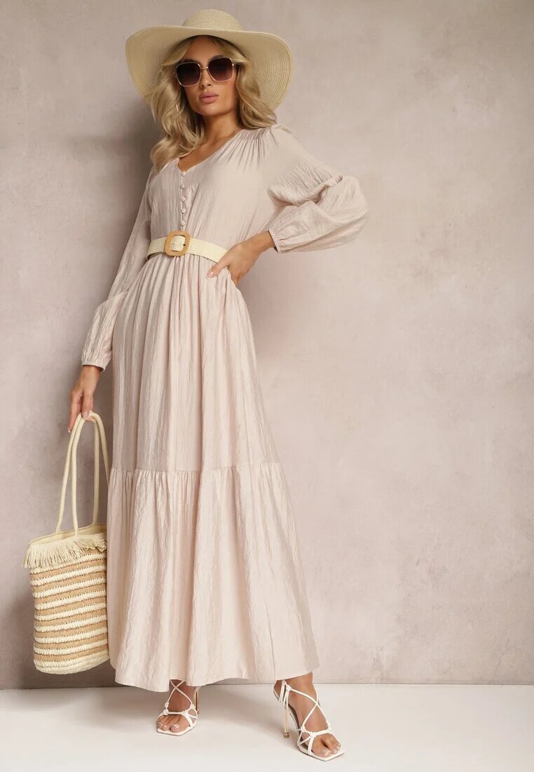 rosa Rochie bejă evazată tip cutie maxi cu nasturi decorativi Nervatti