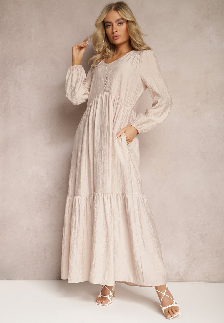 rosa Rochie bejă evazată tip cutie maxi cu nasturi decorativi Nervatti