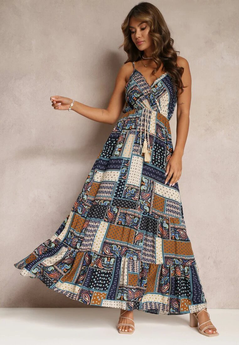 rosa Rochie Bleu Marin din Viscoză cu Croială Tip Petrecută cu Imprimeu Patchwork Grehan