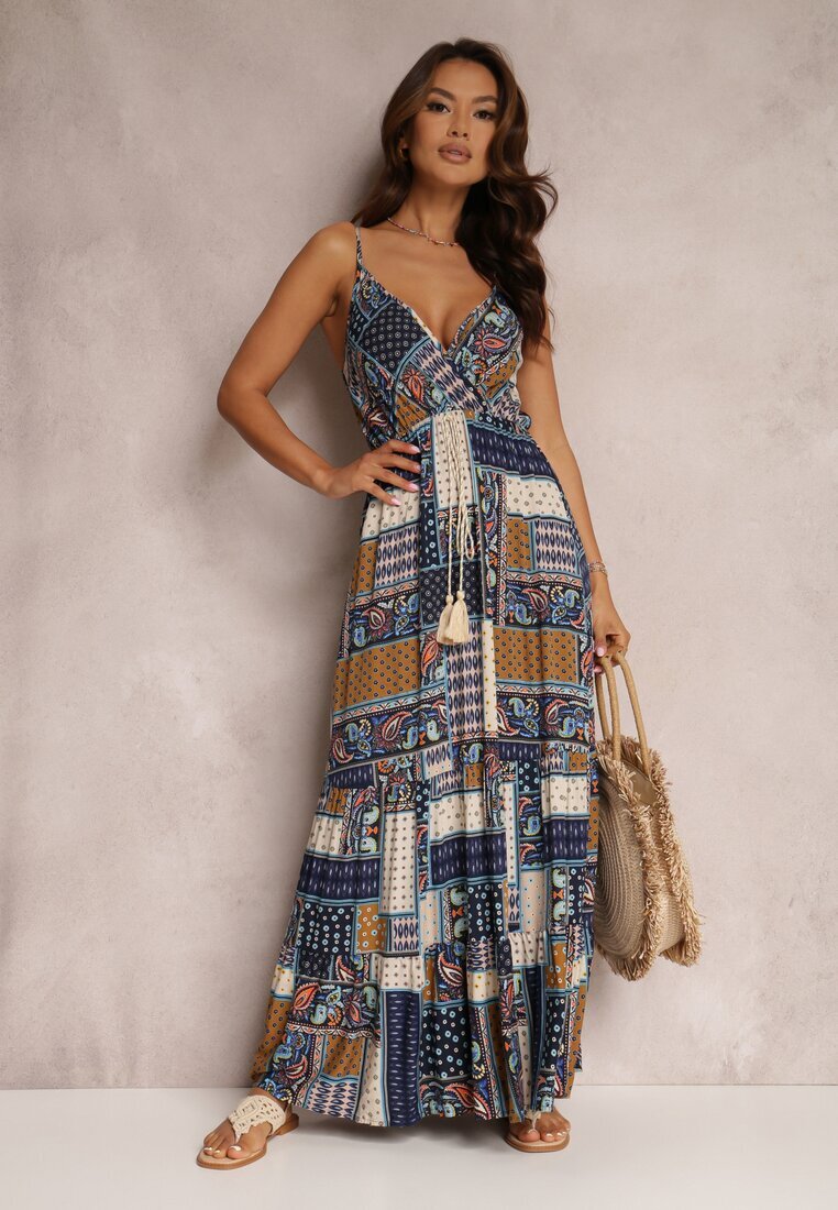 rosa Rochie Bleu Marin din Viscoză cu Croială Tip Petrecută cu Imprimeu Patchwork Grehan
