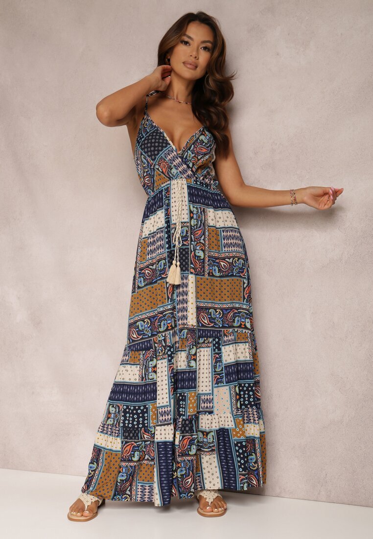 rosa Rochie Bleu Marin din Viscoză cu Croială Tip Petrecută cu Imprimeu Patchwork Grehan