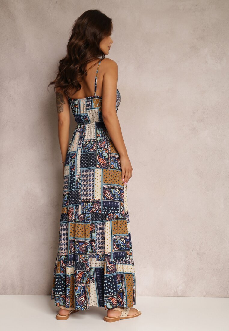 rosa Rochie Bleu Marin din Viscoză cu Croială Tip Petrecută cu Imprimeu Patchwork Grehan
