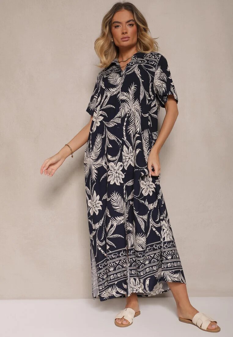rosa Rochie Bleu-marin stil cămașă cu flori din viscoză Erathia