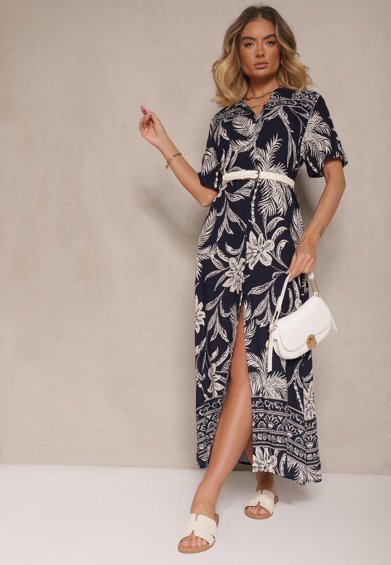 rosa Rochie Bleu-marin stil cămașă cu flori din viscoză Erathia