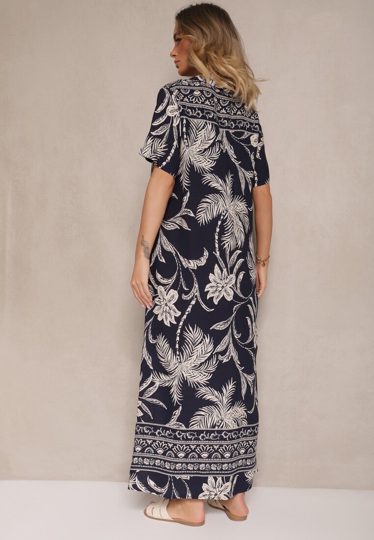 rosa Rochie Bleu-marin stil cămașă cu flori din viscoză Erathia