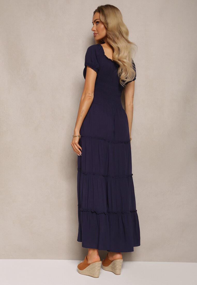 rosa Rochie Bleumarin Evazată Maxi cu Decolteu Spaniol Kailra