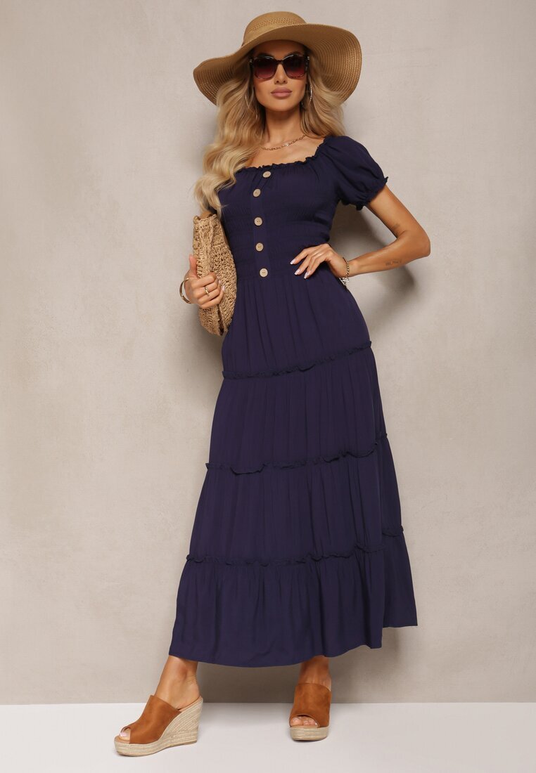rosa Rochie Bleumarin Evazată Maxi cu Decolteu Spaniol Kailra