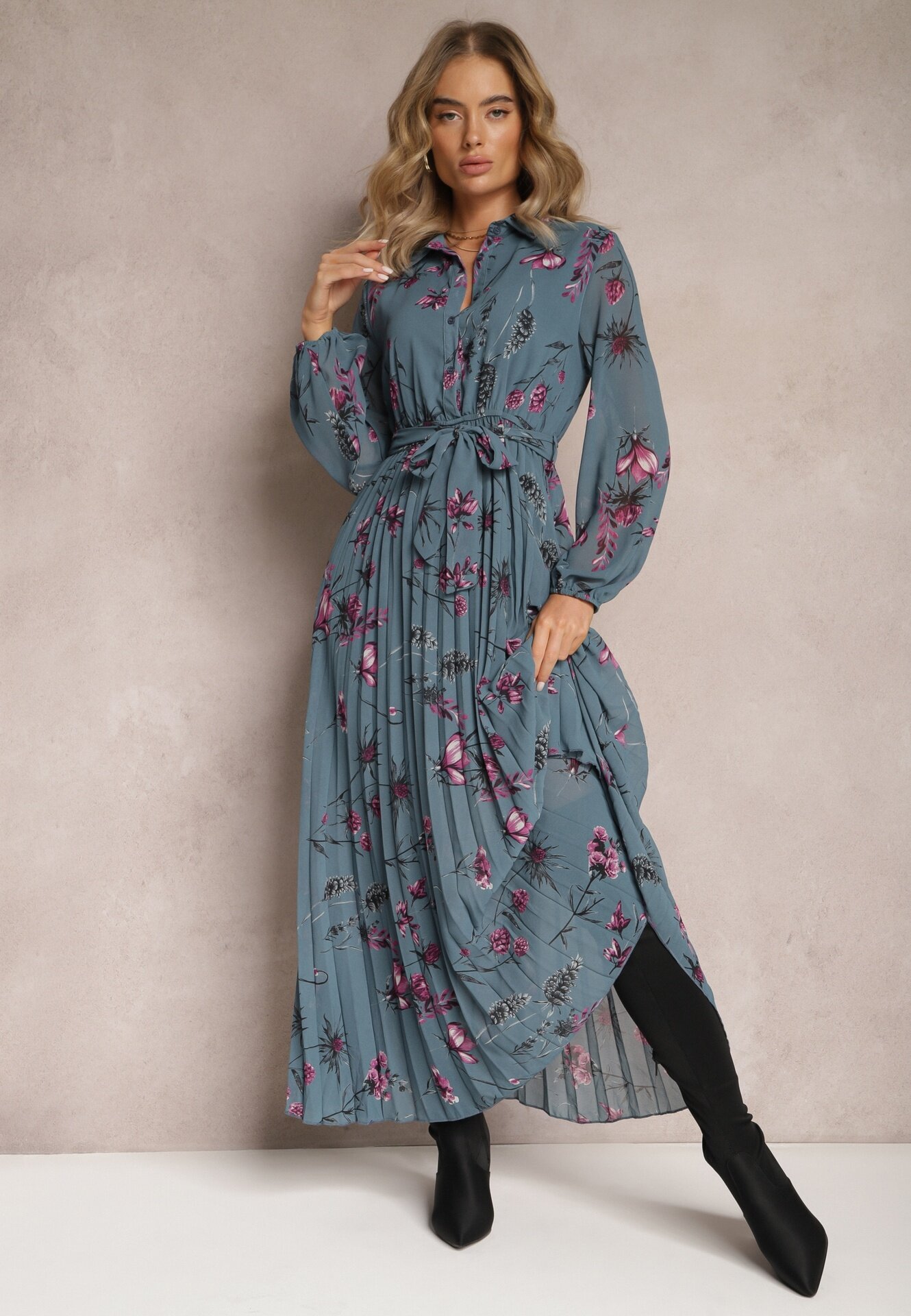 rosa Rochie Bleumarin Plisată cu flori Emiranda