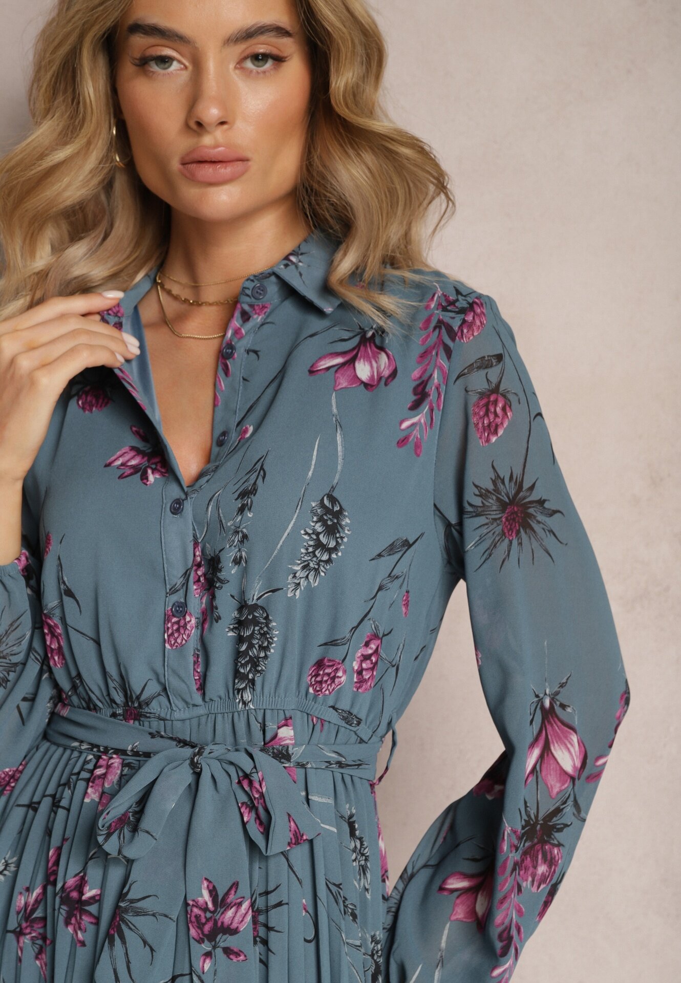 rosa Rochie Bleumarin Plisată cu flori Emiranda