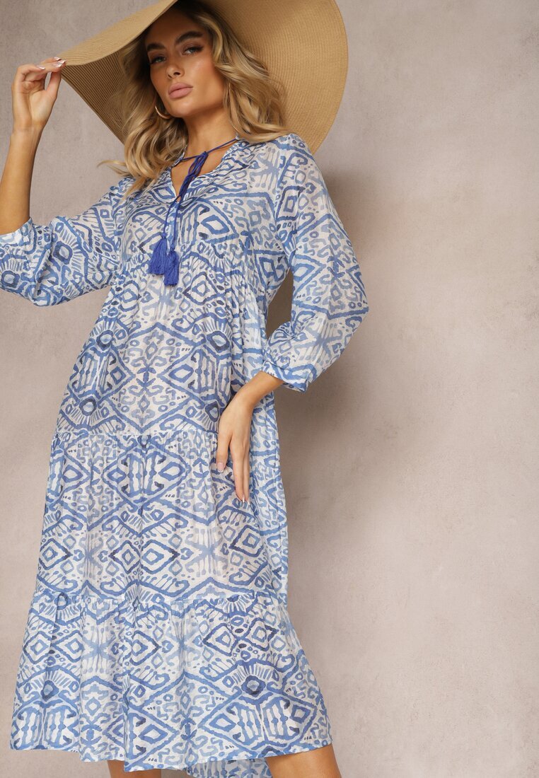 rosa Rochie Boho Albastră evazată cu legătură la decolteu și volane Dimasie