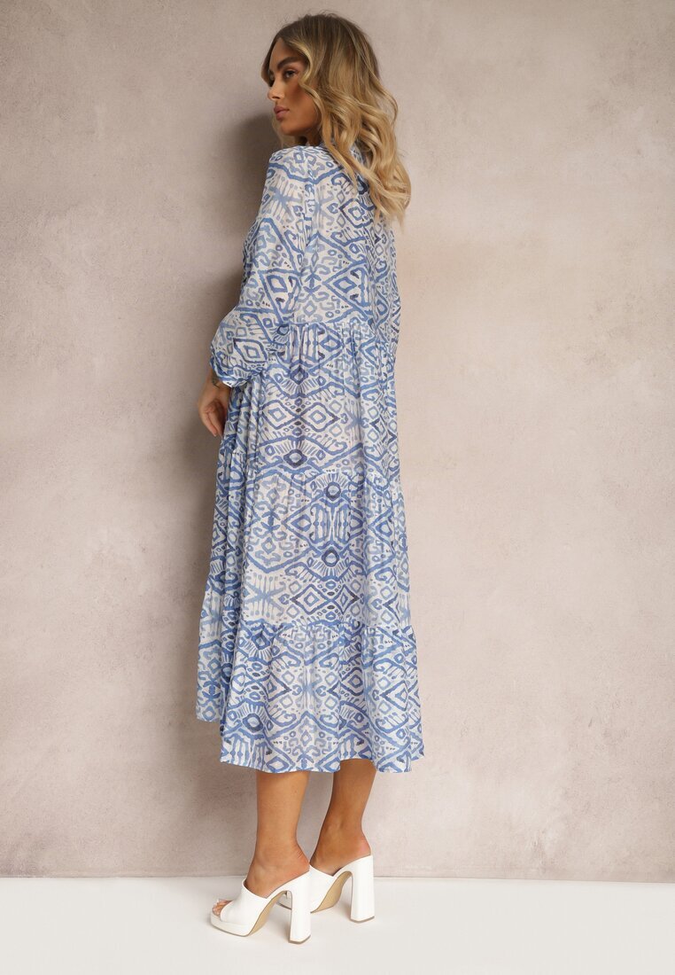 rosa Rochie Boho Albastră evazată cu legătură la decolteu și volane Dimasie