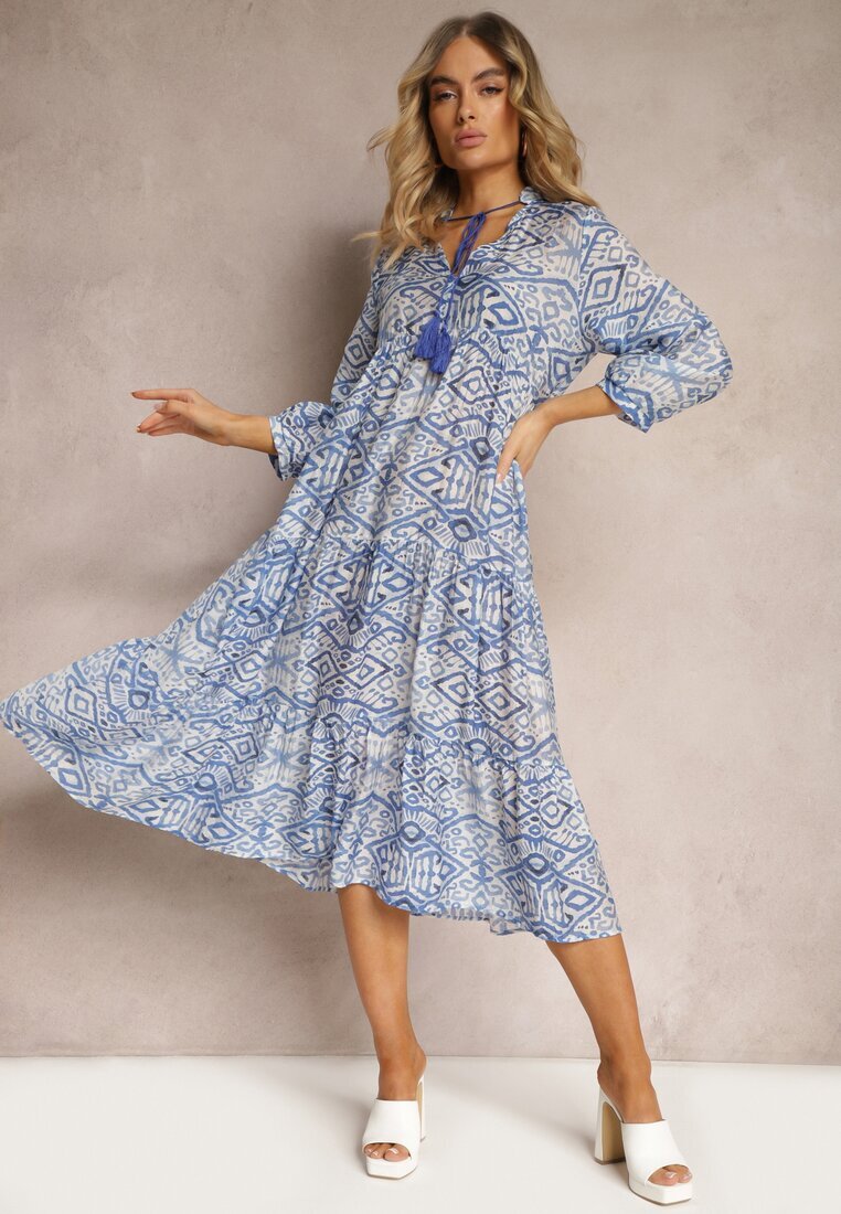 rosa Rochie Boho Albastră evazată cu legătură la decolteu și volane Dimasie