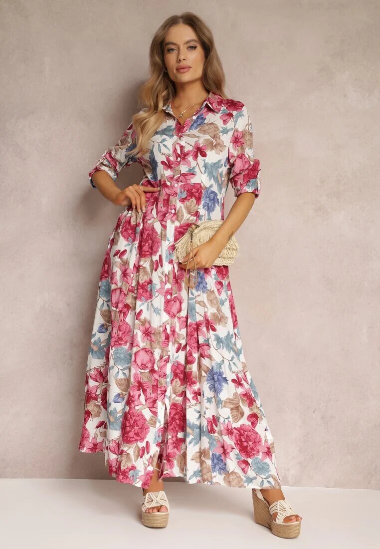 rosa Rochie Cămașă Albă cu Despicătură Florală Yamone