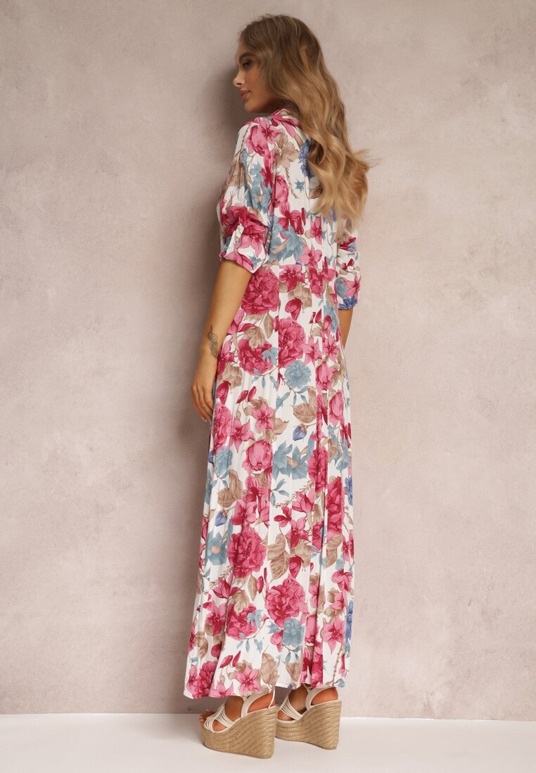 rosa Rochie Cămașă Albă cu Despicătură Florală Yamone