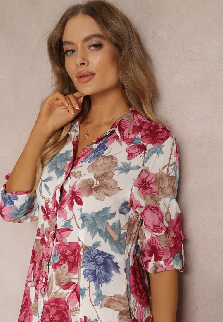 rosa Rochie Cămașă Albă cu Despicătură Florală Yamone