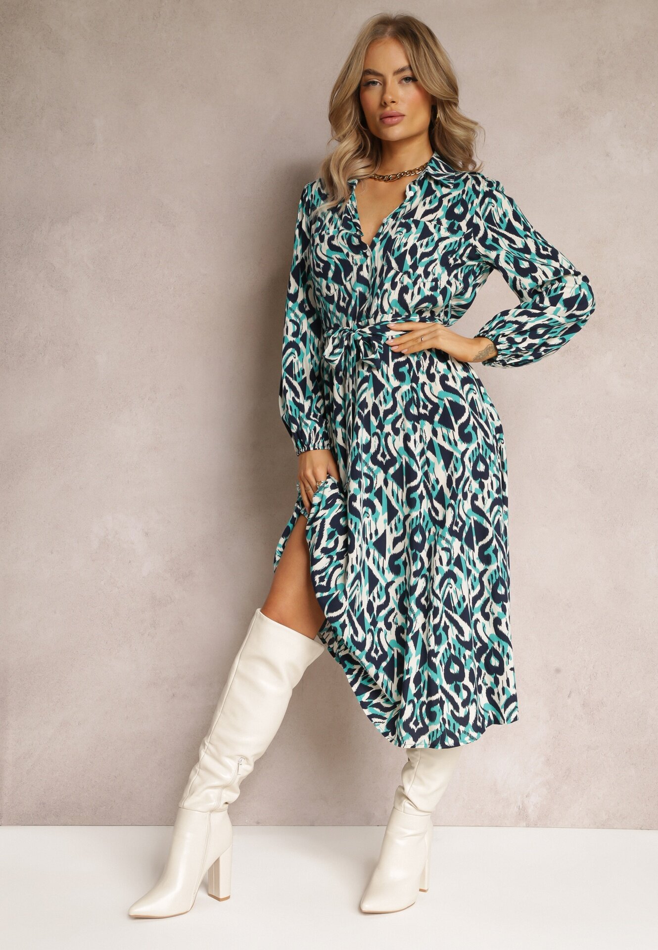 rosa Rochie cămașă Albastră cu Imprimeu Geometric Gena