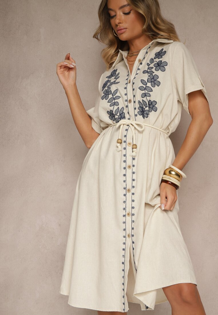 rosa Rochie Cămașă Bej din Bumbac cu Broderie Decorativă Saviressa