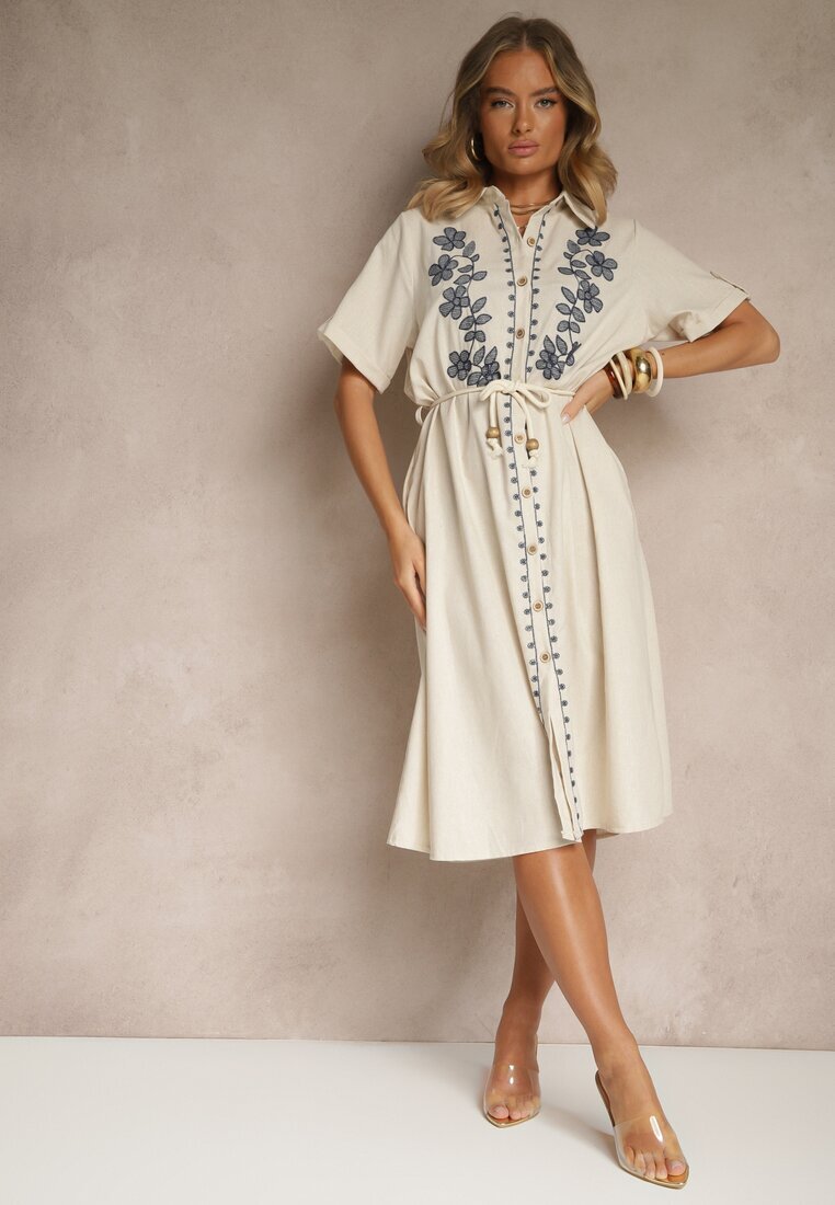 rosa Rochie Cămașă Bej din Bumbac cu Broderie Decorativă Saviressa