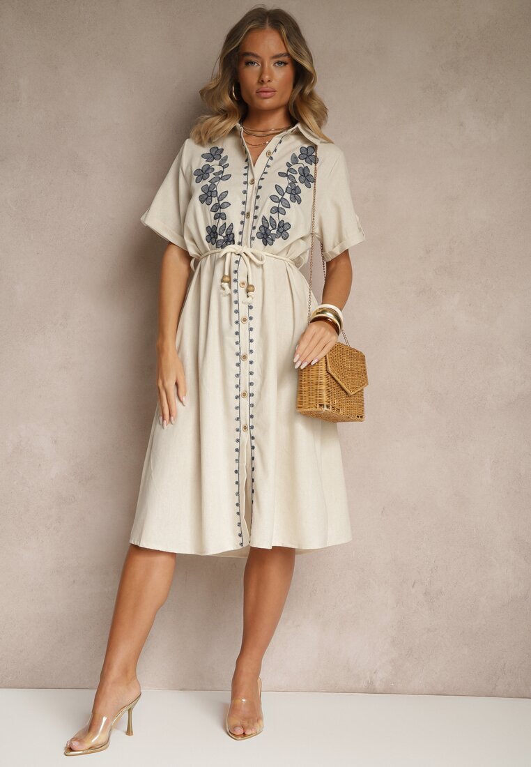 rosa Rochie Cămașă Bej din Bumbac cu Broderie Decorativă Saviressa