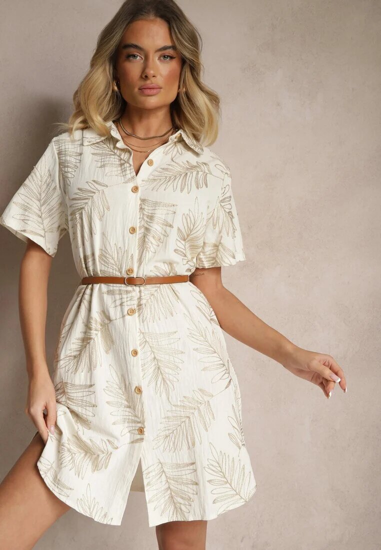 rosa Rochie Cămașă Bej din bumbac cu curea și motiv frunze Paredia